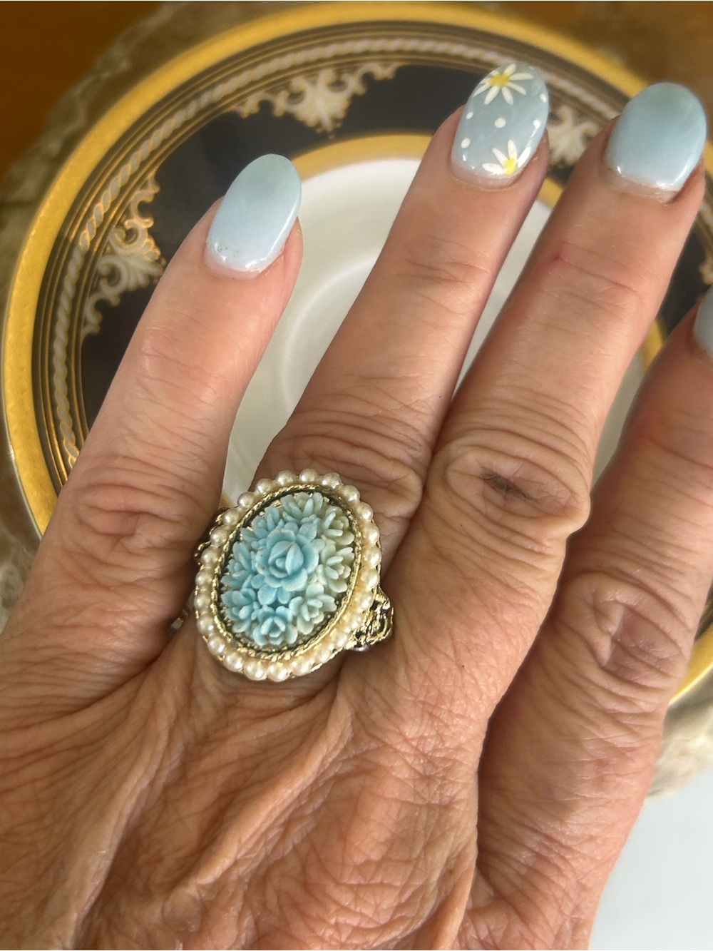 Vintage Blue Celluloid Floral Faux Pearl Adjustable Ring